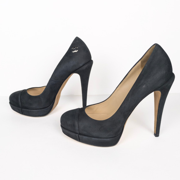 CHANEL Black Calfskin Leather Cap Toe CC Platform Pumps Women's FR 39.5 US 8.5 - Picture 6 of 11